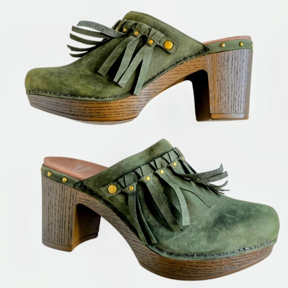 Dansko Women's Deni Olive Suede Fringe And Studded Mules - Picture 5 of 9